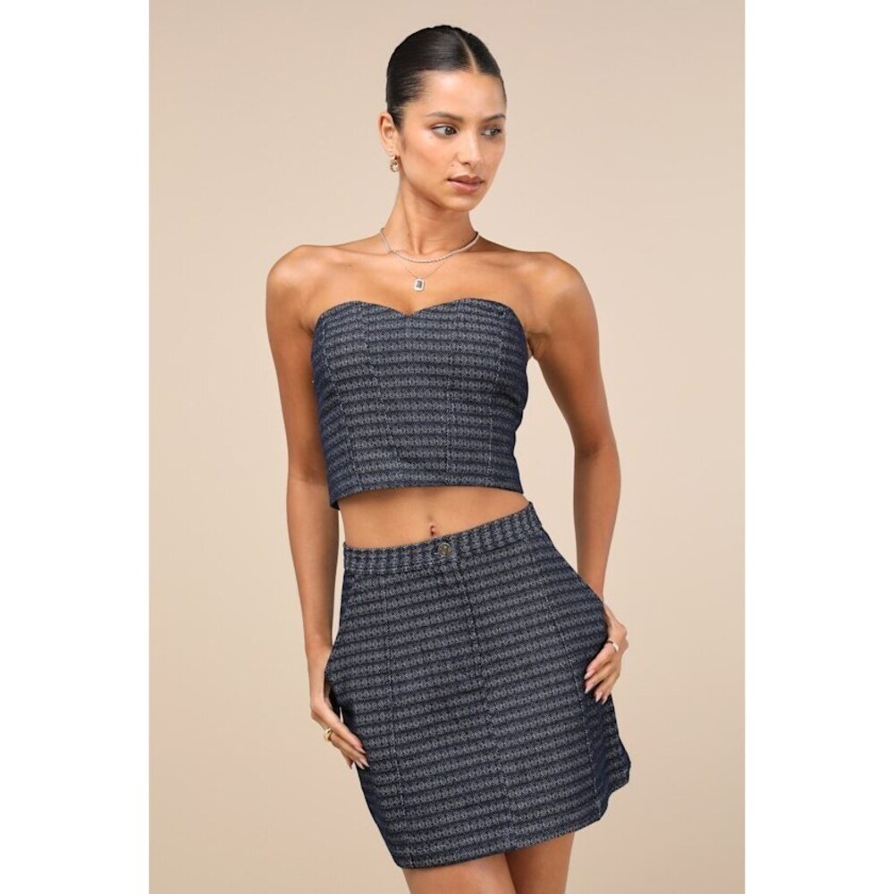 Lulus Carefree Fantasy Navy Blue Tweed High-rise Mini Skirt - Size S